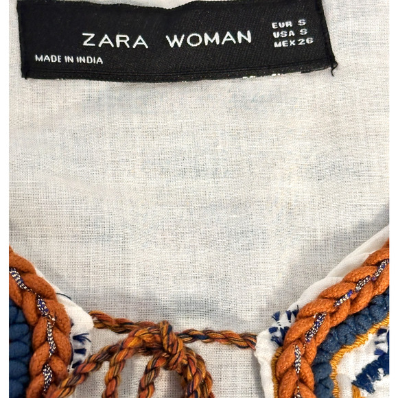 Zara Cream Brown Sleeveless Embroidered Tassle Tie Cotton Blouse Small Boho - Picture 7 of 9